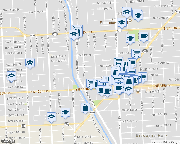 map of restaurants, bars, coffee shops, grocery stores, and more near 390 Northeast 128th Street in North Miami