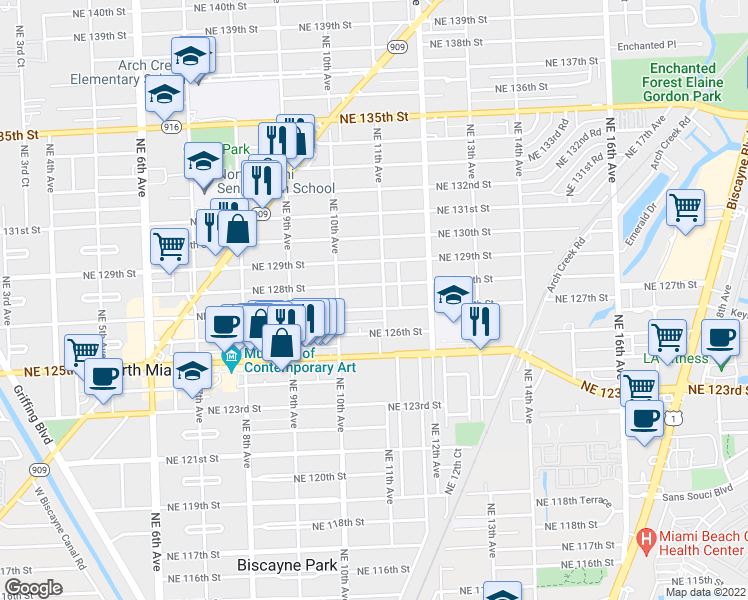 map of restaurants, bars, coffee shops, grocery stores, and more near 12760 Northeast 11th Avenue in North Miami