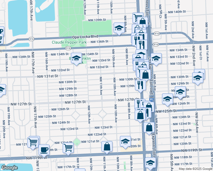 map of restaurants, bars, coffee shops, grocery stores, and more near 1085 Northwest 129th Street in North Miami