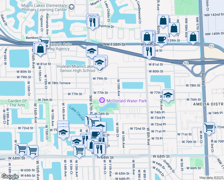 map of restaurants, bars, coffee shops, grocery stores, and more near 1075 West 77th Street in Hialeah