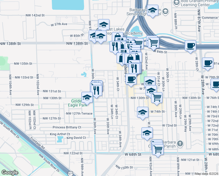 map of restaurants, bars, coffee shops, grocery stores, and more near 7778 West 34th Lane in Hialeah