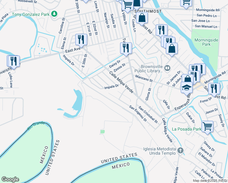 map of restaurants, bars, coffee shops, grocery stores, and more near 4 Santa Isabel Street in Brownsville