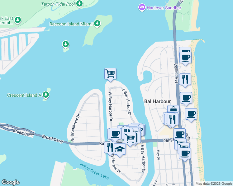 map of restaurants, bars, coffee shops, grocery stores, and more near 1170 103rd Street in Bay Harbor Islands