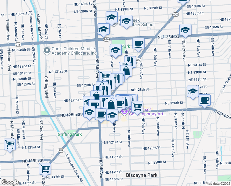 map of restaurants, bars, coffee shops, grocery stores, and more near 712 Northeast 128th Street in North Miami