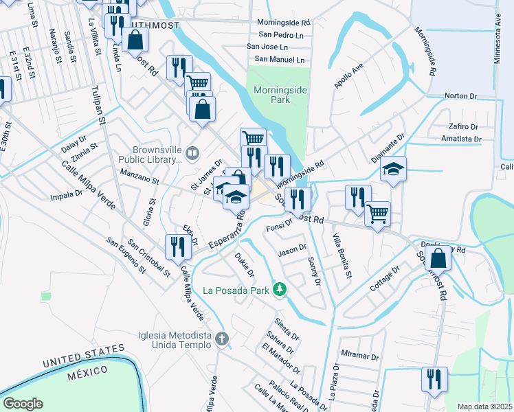 map of restaurants, bars, coffee shops, grocery stores, and more near 14 Otila Drive in Brownsville