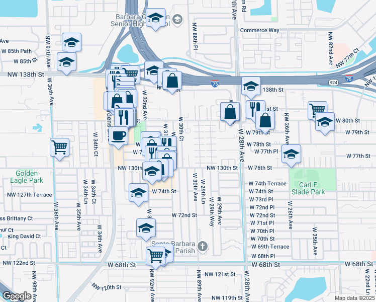 map of restaurants, bars, coffee shops, grocery stores, and more near 3041 West 76th Street in Hialeah