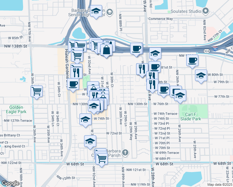 map of restaurants, bars, coffee shops, grocery stores, and more near 7755 West 30th Court in Hialeah