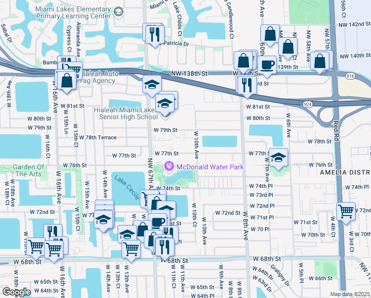 map of restaurants, bars, coffee shops, grocery stores, and more near 1075 West 77th Street in Hialeah