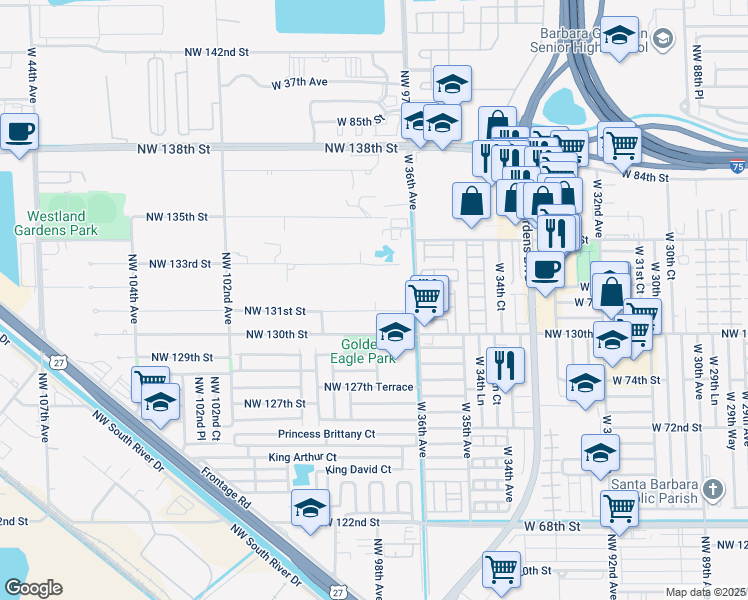 map of restaurants, bars, coffee shops, grocery stores, and more near 13300 Northwest 97th Avenue in Hialeah Gardens