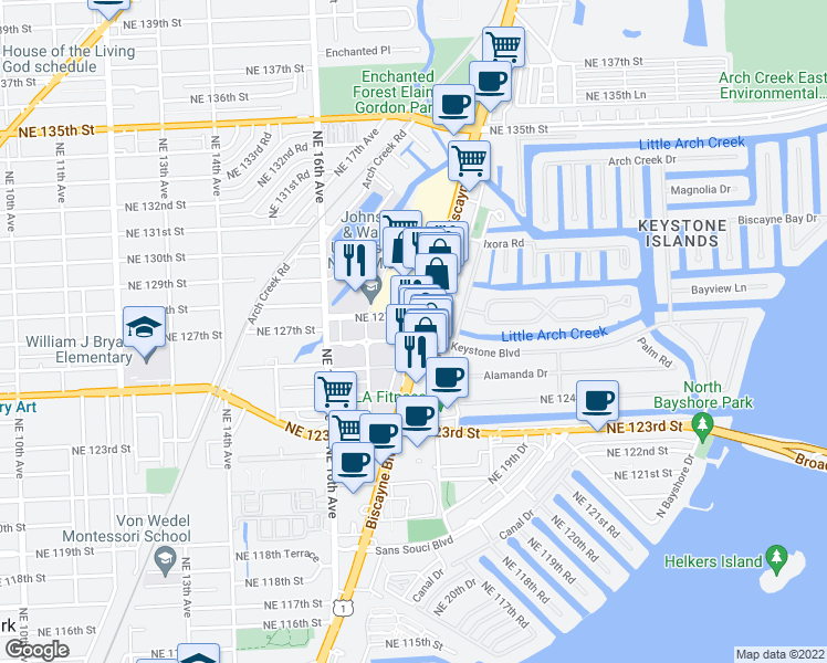 map of restaurants, bars, coffee shops, grocery stores, and more near 12600 Biscayne Boulevard in North Miami