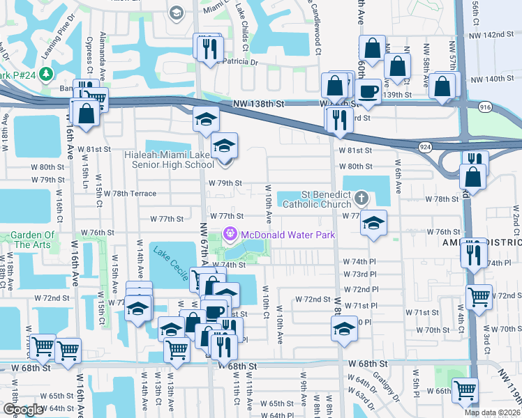 map of restaurants, bars, coffee shops, grocery stores, and more near 1025 West 77th Street in Hialeah