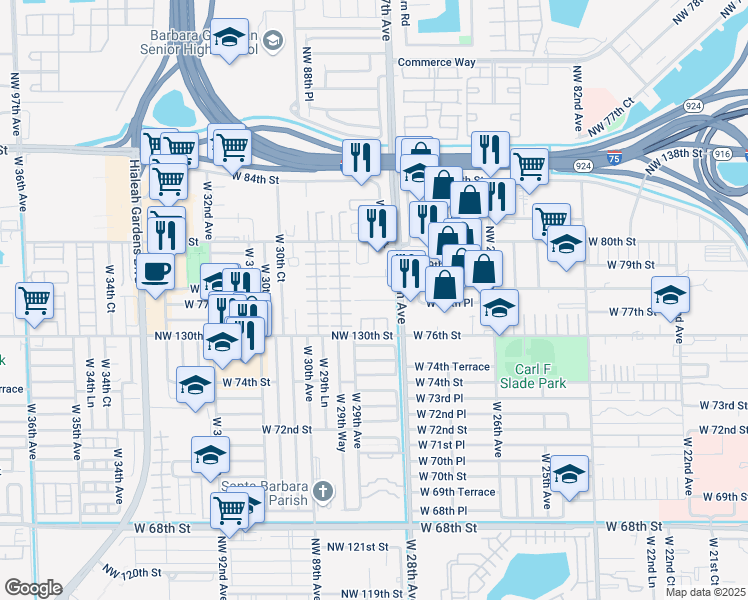 map of restaurants, bars, coffee shops, grocery stores, and more near 7750 West 28th Avenue in Hialeah