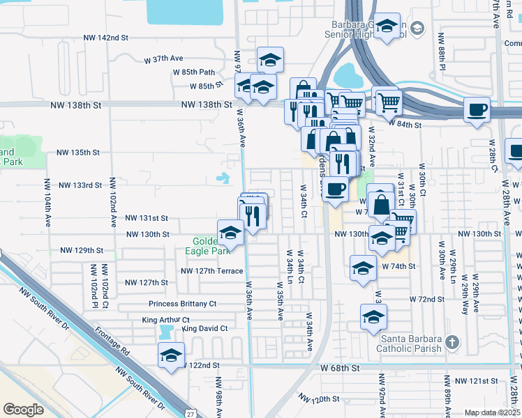 map of restaurants, bars, coffee shops, grocery stores, and more near 7757 West 97th Street in Hialeah