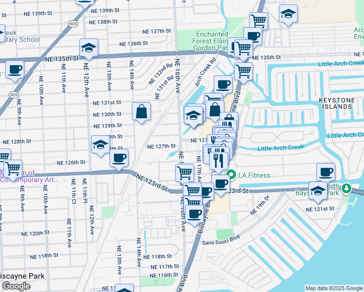 map of restaurants, bars, coffee shops, grocery stores, and more near 22 Northeast 127th Street in North Miami