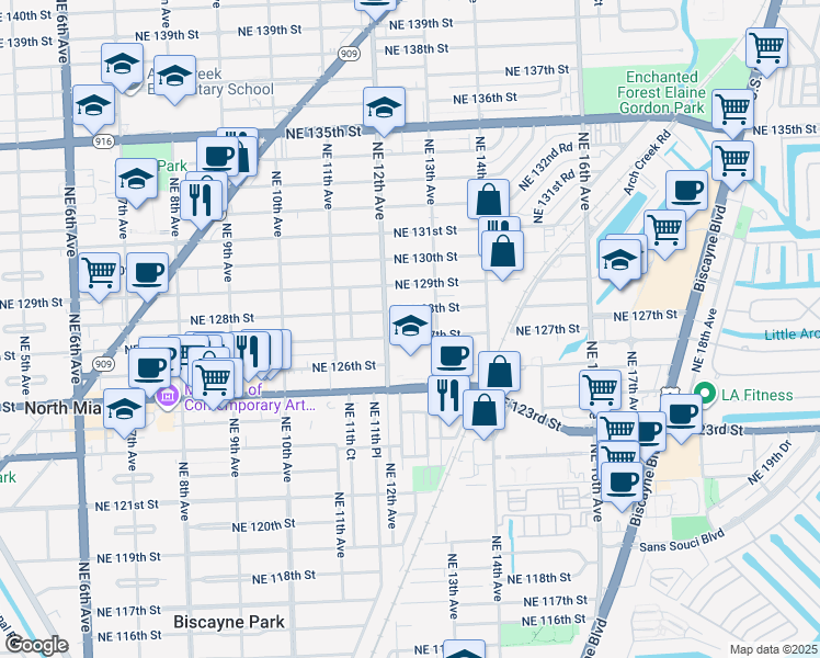 map of restaurants, bars, coffee shops, grocery stores, and more near 1239 Northeast 127th Street in North Miami