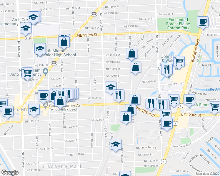 map of restaurants, bars, coffee shops, grocery stores, and more near 1239 Northeast 127th Street in North Miami