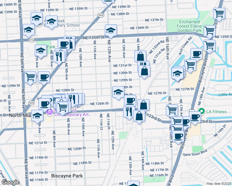 map of restaurants, bars, coffee shops, grocery stores, and more near 1239 Northeast 127th Street in North Miami
