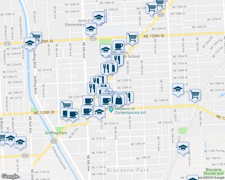map of restaurants, bars, coffee shops, grocery stores, and more near 800 Northeast 128th Street in North Miami