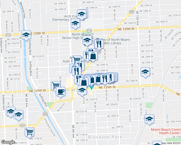 map of restaurants, bars, coffee shops, grocery stores, and more near 800 Northeast 128th Street in North Miami