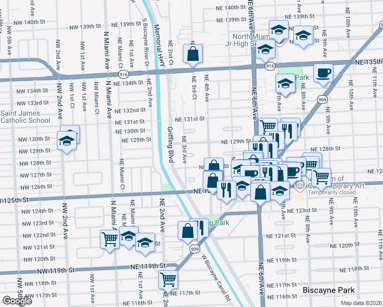 map of restaurants, bars, coffee shops, grocery stores, and more near 390 Northeast 128th Street in North Miami