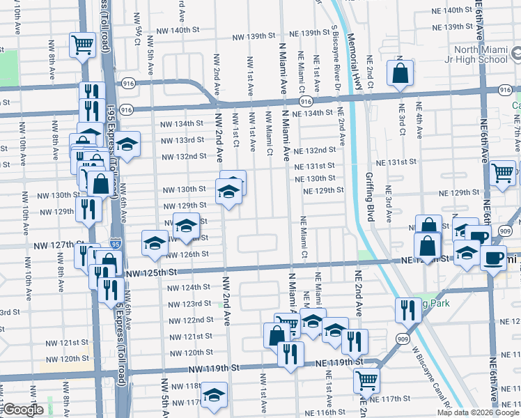 map of restaurants, bars, coffee shops, grocery stores, and more near 12835 Northwest 1st Avenue in Miami