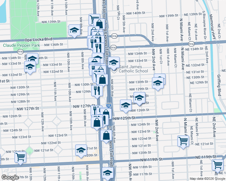 map of restaurants, bars, coffee shops, grocery stores, and more near 609 Northwest 129th Street in North Miami