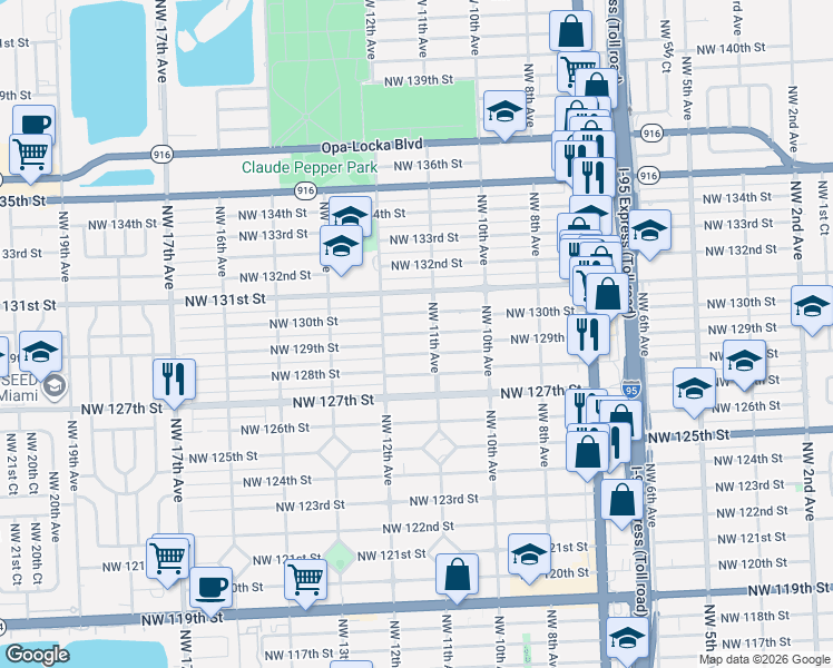 map of restaurants, bars, coffee shops, grocery stores, and more near 1165 Northwest 129th Street in North Miami