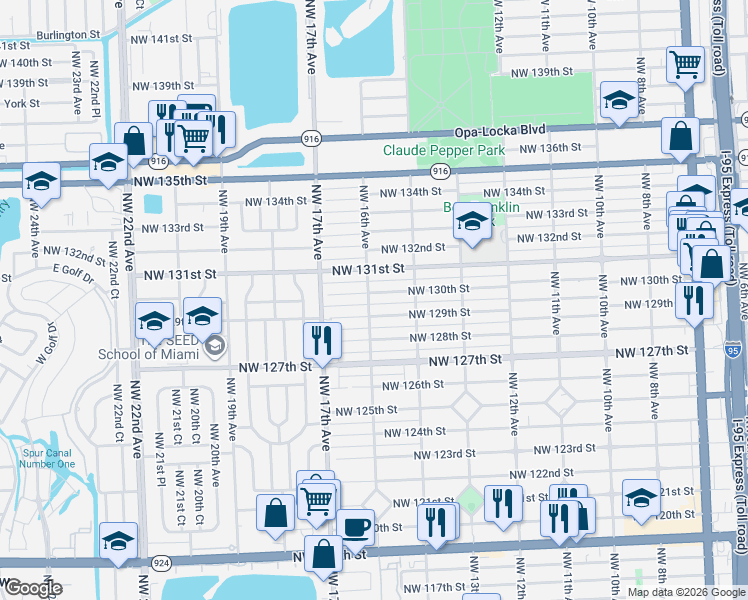 map of restaurants, bars, coffee shops, grocery stores, and more near 1560 Northwest 130th Street in North Miami