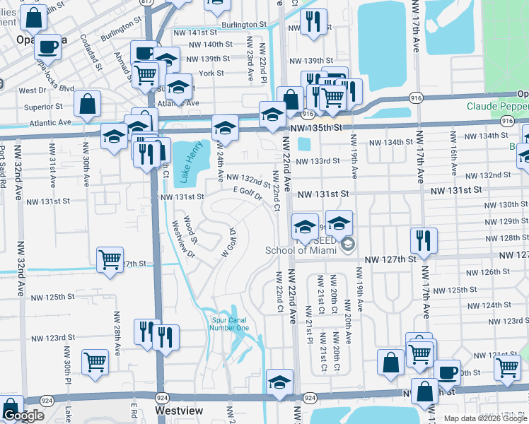 map of restaurants, bars, coffee shops, grocery stores, and more near 13030 Northwest 22nd Court in Miami