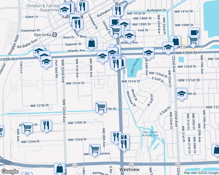 map of restaurants, bars, coffee shops, grocery stores, and more near 2764 Northwest 131st Street in Opa-locka