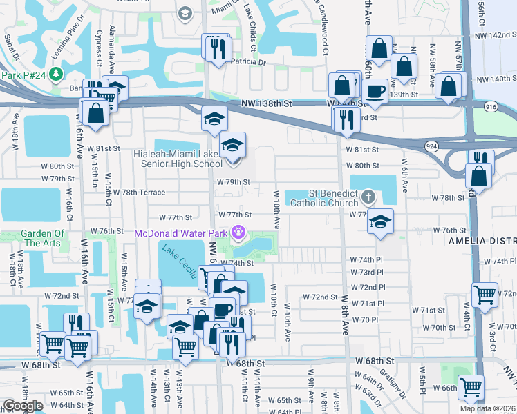 map of restaurants, bars, coffee shops, grocery stores, and more near 1075 West 77th Street in Hialeah
