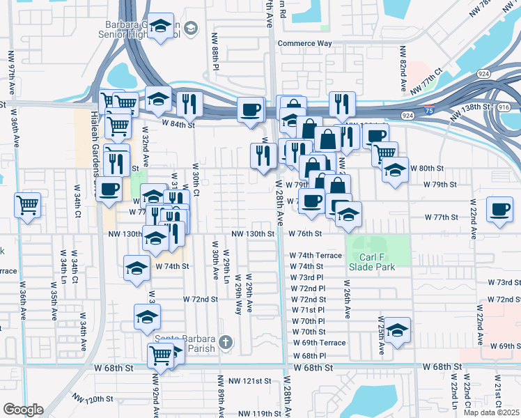 map of restaurants, bars, coffee shops, grocery stores, and more near 7750 West 28th Avenue in Hialeah
