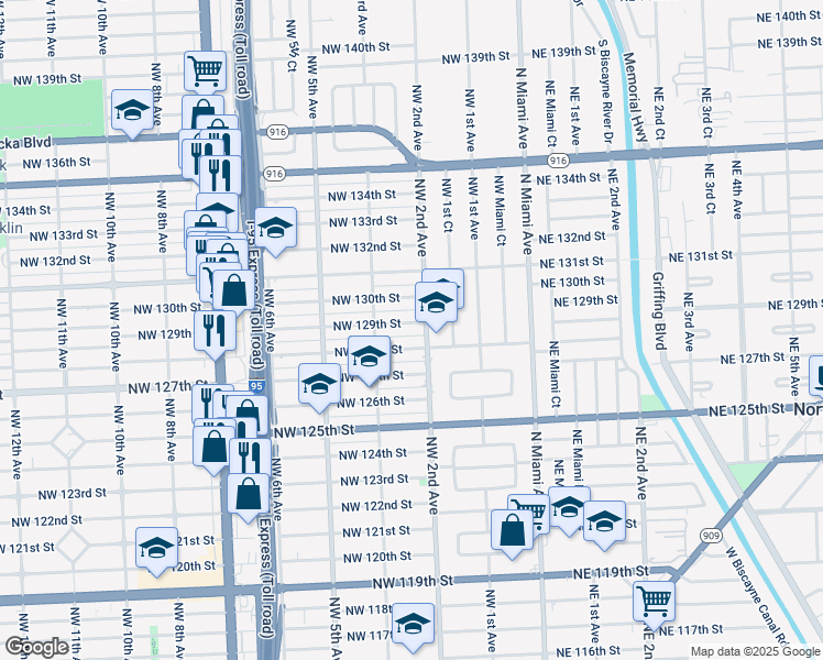 map of restaurants, bars, coffee shops, grocery stores, and more near 240 Northwest 129th Street in North Miami