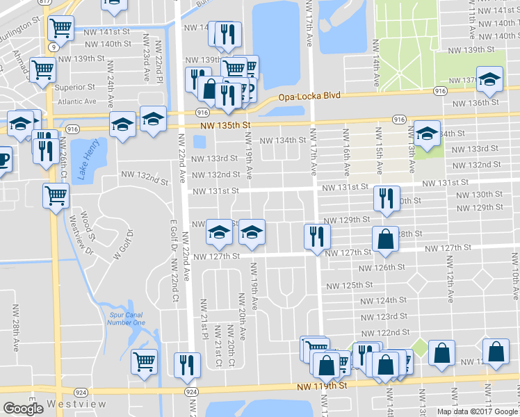 map of restaurants, bars, coffee shops, grocery stores, and more near 12950 Northwest 18th Court in Miami