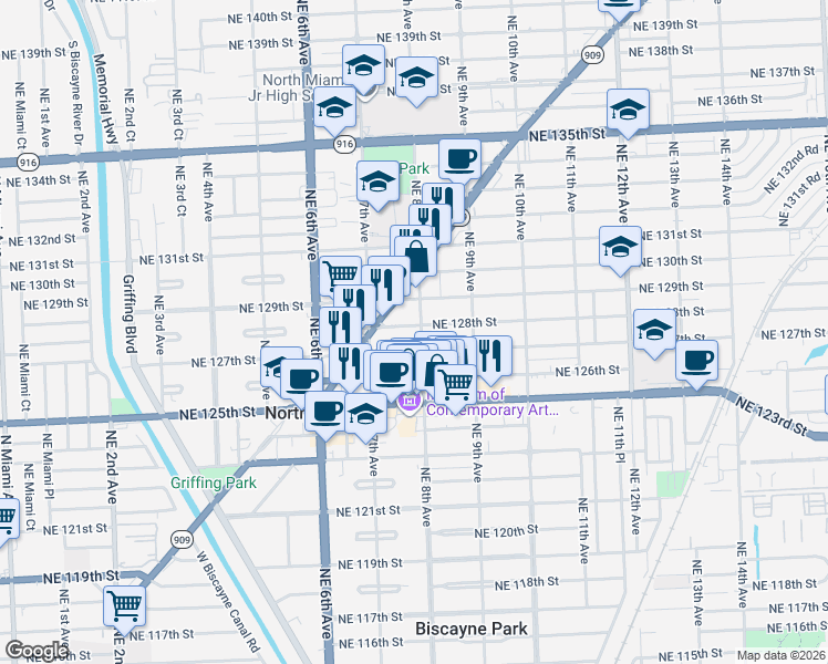 map of restaurants, bars, coffee shops, grocery stores, and more near 800 Northeast 128th Street in North Miami