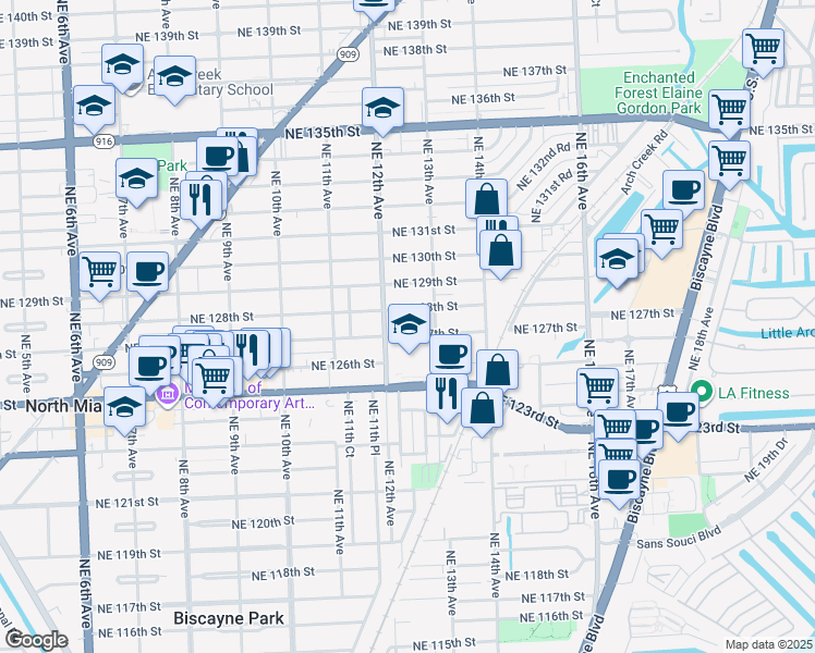 map of restaurants, bars, coffee shops, grocery stores, and more near 1239 Northeast 127th Street in North Miami