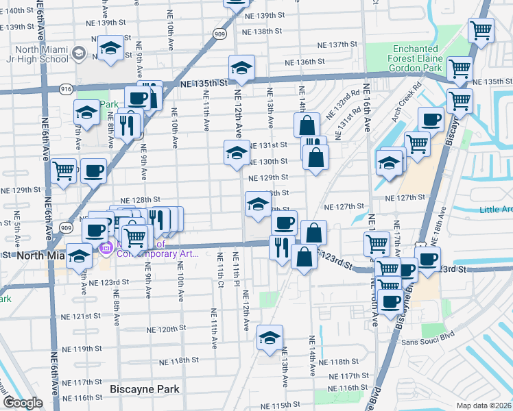 map of restaurants, bars, coffee shops, grocery stores, and more near 1239 Northeast 127th Street in North Miami