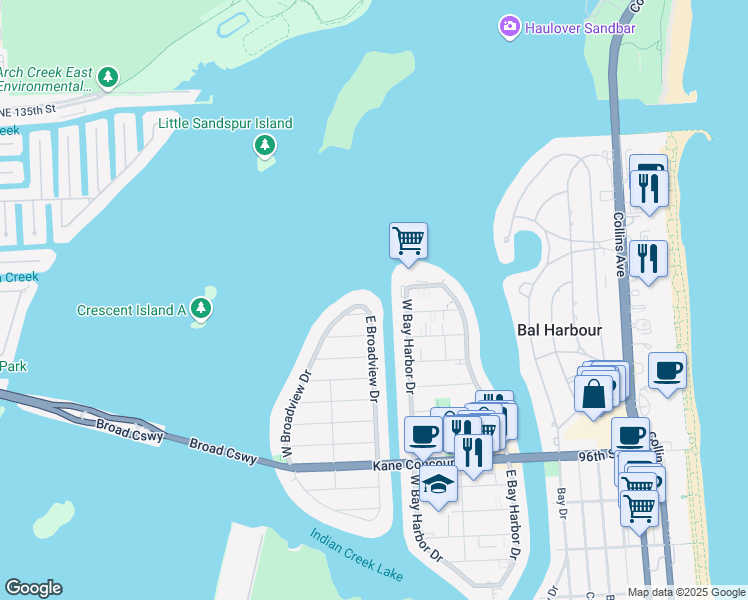 map of restaurants, bars, coffee shops, grocery stores, and more near 10321 East Broadview Drive in Bay Harbor Islands