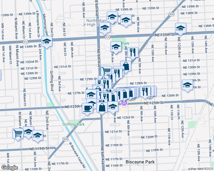map of restaurants, bars, coffee shops, grocery stores, and more near 652 Northeast 128th Street in North Miami