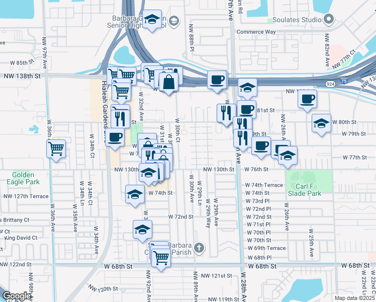 map of restaurants, bars, coffee shops, grocery stores, and more near 7755 West 30th Court in Hialeah