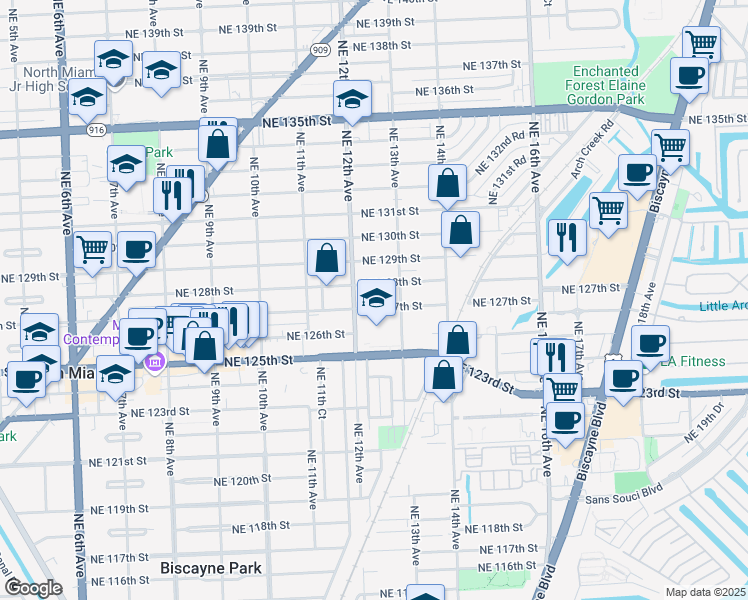 map of restaurants, bars, coffee shops, grocery stores, and more near 1239 Northeast 127th Street in North Miami