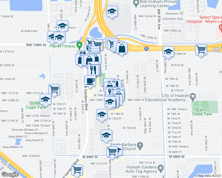 map of restaurants, bars, coffee shops, grocery stores, and more near 3173 West 77th Place in Hialeah