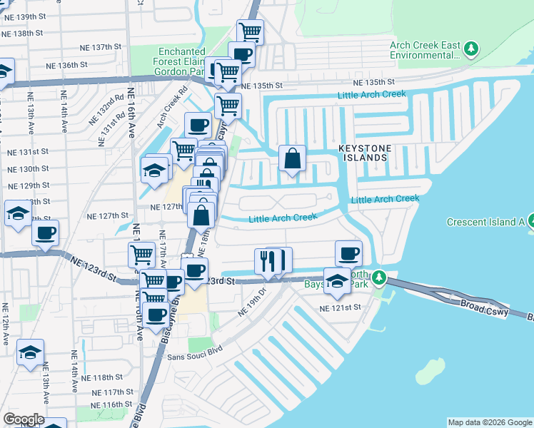map of restaurants, bars, coffee shops, grocery stores, and more near 1950 South Hibiscus Drive in North Miami