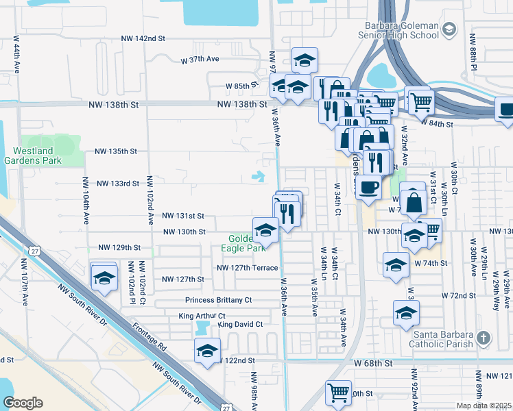 map of restaurants, bars, coffee shops, grocery stores, and more near 13300 Northwest 97th Avenue in Hialeah Gardens