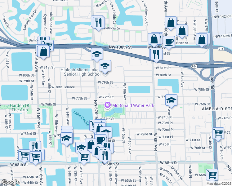 map of restaurants, bars, coffee shops, grocery stores, and more near 1075 West 77th Street in Hialeah