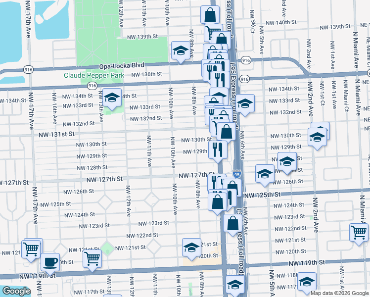 map of restaurants, bars, coffee shops, grocery stores, and more near 855 Northwest 129th Street in North Miami