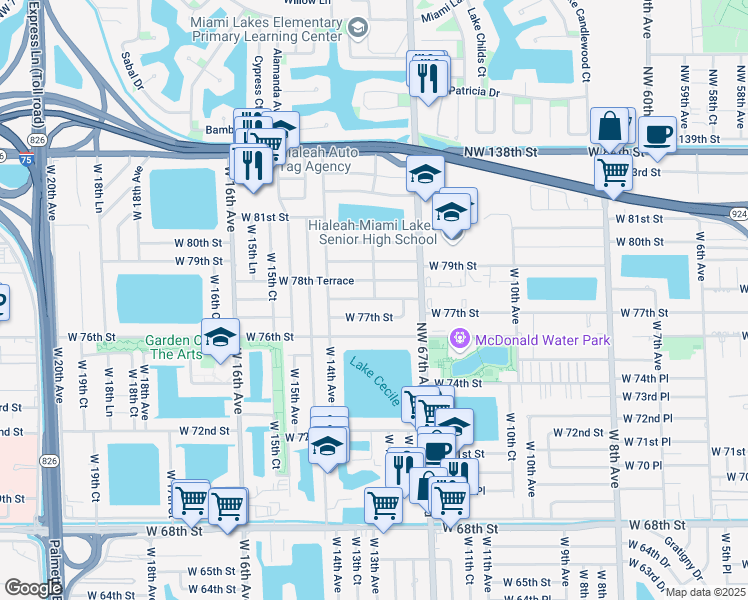 map of restaurants, bars, coffee shops, grocery stores, and more near 1306 West 78th Street in Hialeah
