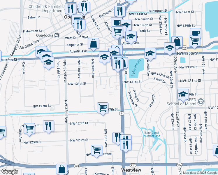 map of restaurants, bars, coffee shops, grocery stores, and more near 2764 Northwest 131st Street in Opa-locka