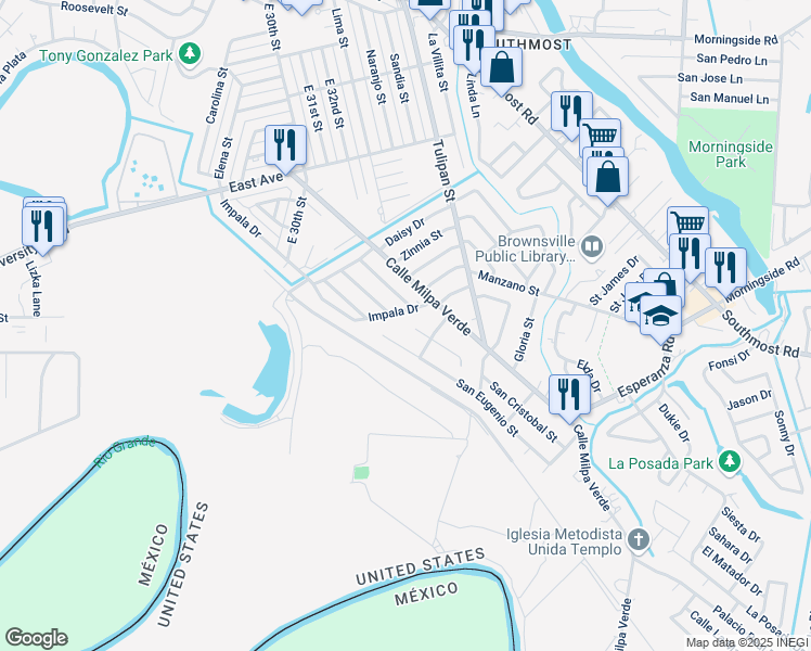 map of restaurants, bars, coffee shops, grocery stores, and more near 4 Santa Isabel Street in Brownsville