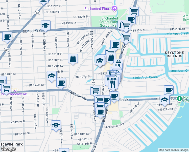 map of restaurants, bars, coffee shops, grocery stores, and more near 22 Northeast 127th Street in North Miami